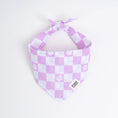 Load image into Gallery viewer, Purple and white gingham dog bandana with paw prints, stylish pet accessory for small dogs