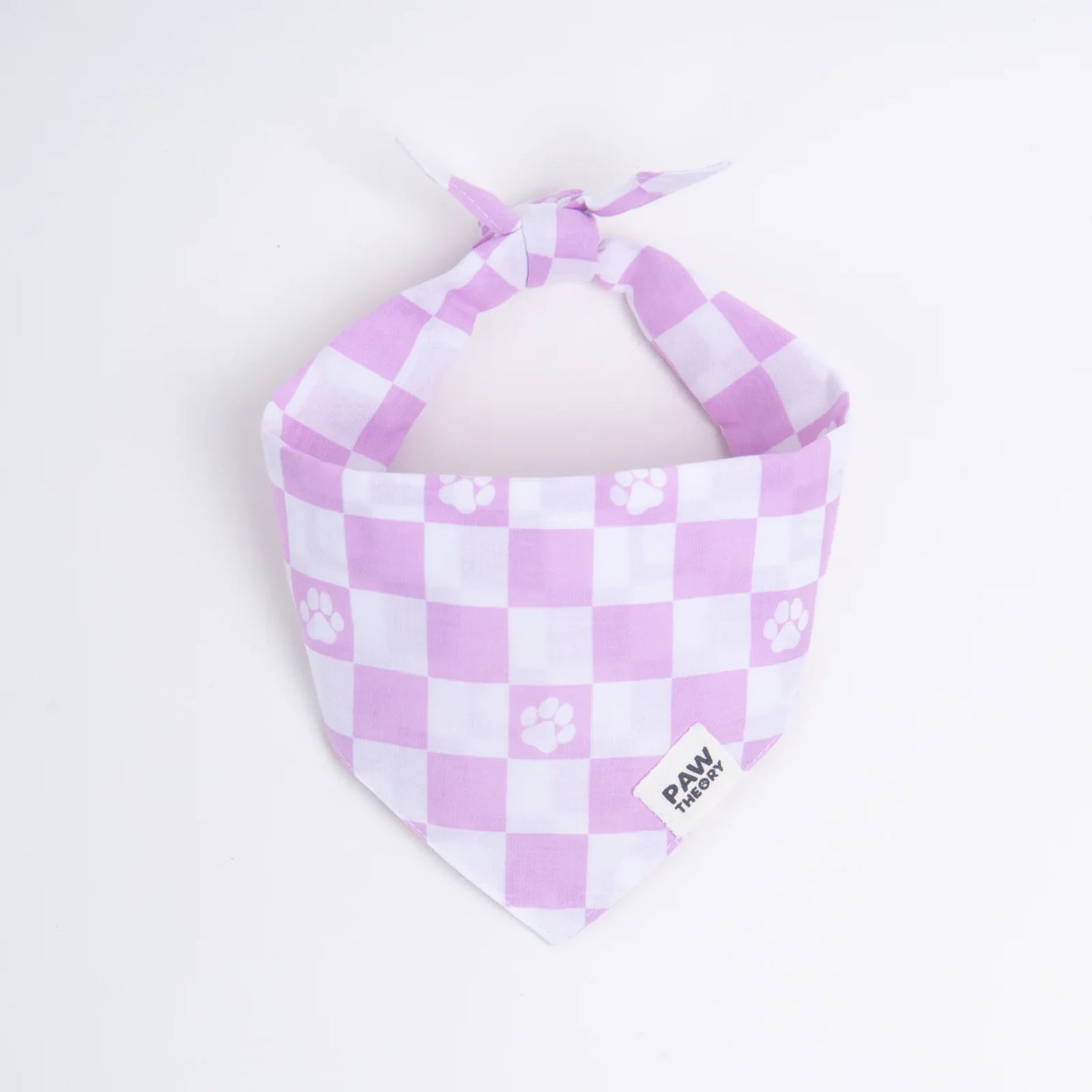 Purple and white gingham dog bandana with paw prints, stylish pet accessory for small dogs
