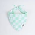 Load image into Gallery viewer, Mint green and white gingham dog bandana with paw prints, stylish pet accessory for small dogs