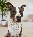 Load image into Gallery viewer, Dog wearing Momo Peach dog bandana by Paw Theory Pets — spring floral design made from breathable cotton