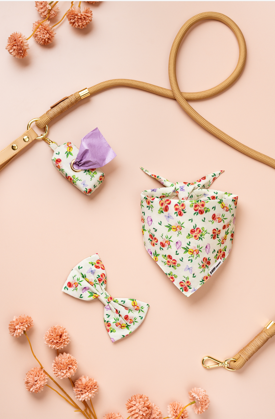 peach dog bandana and waste bag holder floral peach cotton dog bandana and dog walking bag