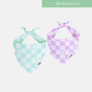 Mint and lavender checkered dog bandanas with paw prints, stylish pet accessories