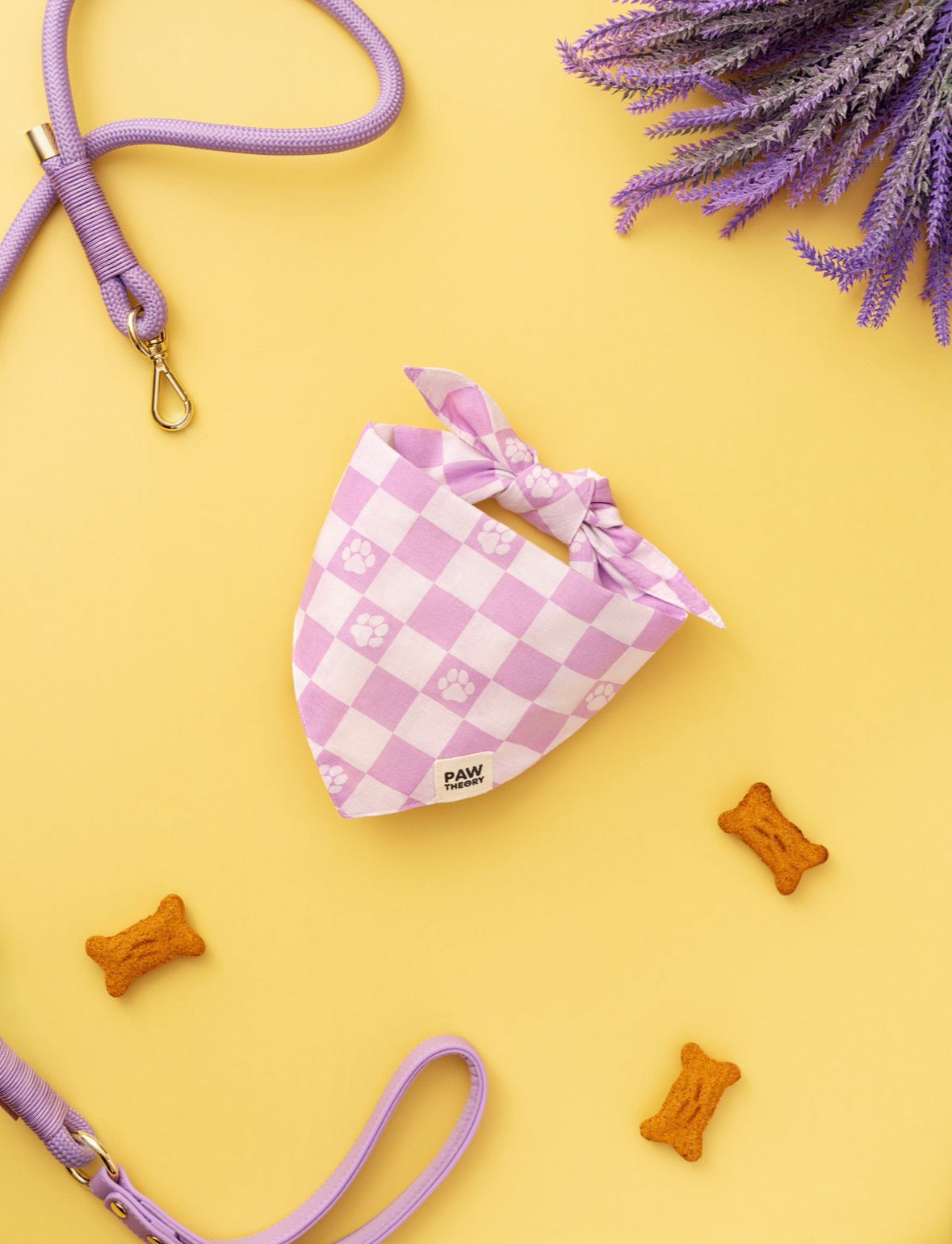 Purple checkered dog bandana with paw prints, paired with matching leash and treats on yellow background