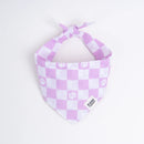 Purple and white gingham dog bandana with paw prints, stylish pet accessory for small dogs