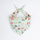 Mint green dog bandana with California bears, Golden Gate Bridge, rainbows, and paw prints design