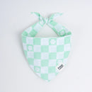 Mint green and white gingham dog bandana with paw prints, stylish pet accessory for small dogs