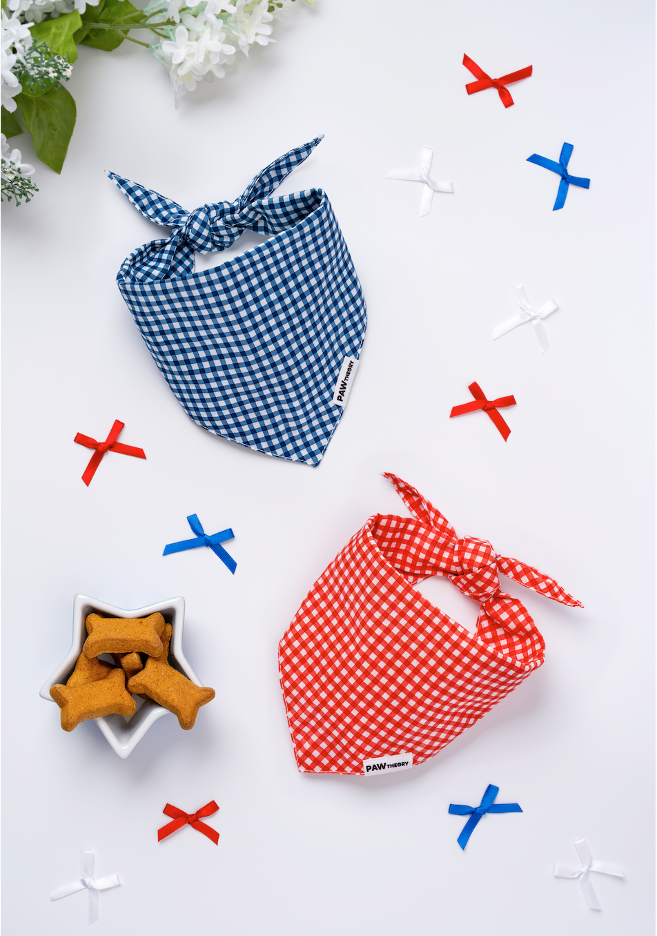 Paw Theory Pets gingham bandanas in Strawberry and Blueberry — handmade cotton countryside charm