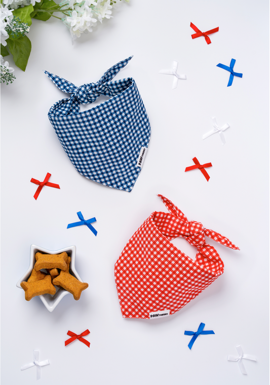 Paw Theory Pets gingham bandanas in Strawberry and Blueberry — handmade cotton countryside charm