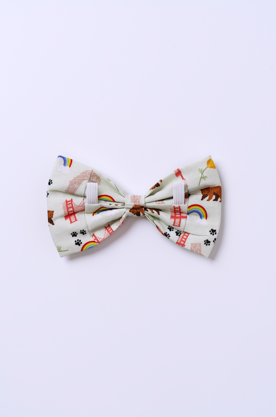 California Pride dog bandana detail — Golden Gate Bridge, bears, and rainbow artwork
