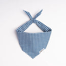 Gingham dog bandana in Blueberry — classic blue and white check cotton, tie-on style by Paw Theory Pets