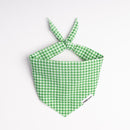 Gingham dog bandana in Clover Green — top-down view of classic green and white checked cotton by Paw Theory Pets