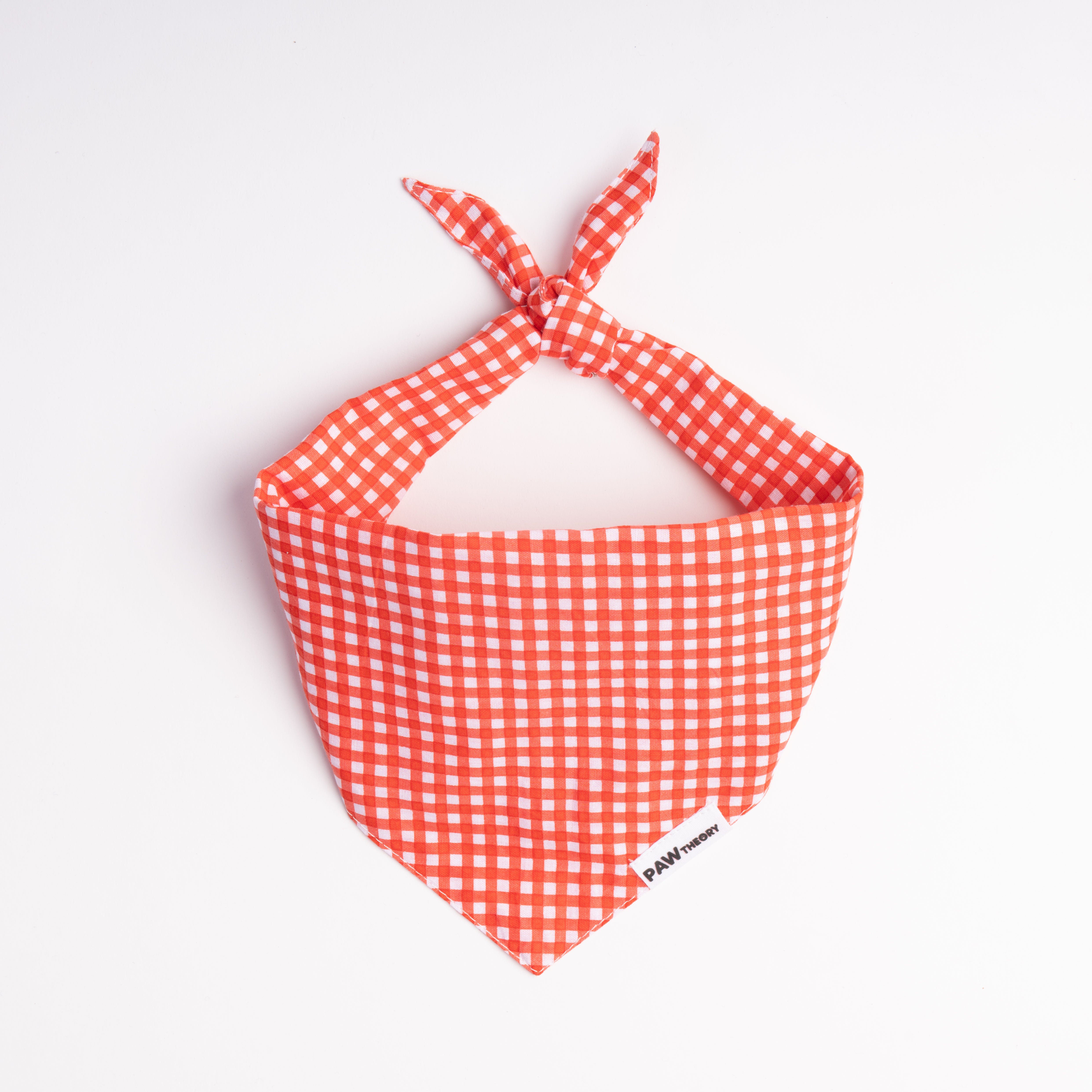 Strawberry gingham bandana from The Picnic Pack — double-sided 100% cotton tie-on dog bandana by Paw Theory Pets